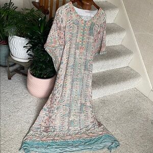 Kashkha Silk Bohemian Light Floral Print Caftan Dress in Mint & Coral